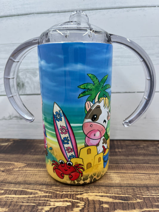 Adorable 12oz Farm Animal Beach Party Sippy Cup - perfect for little hands!