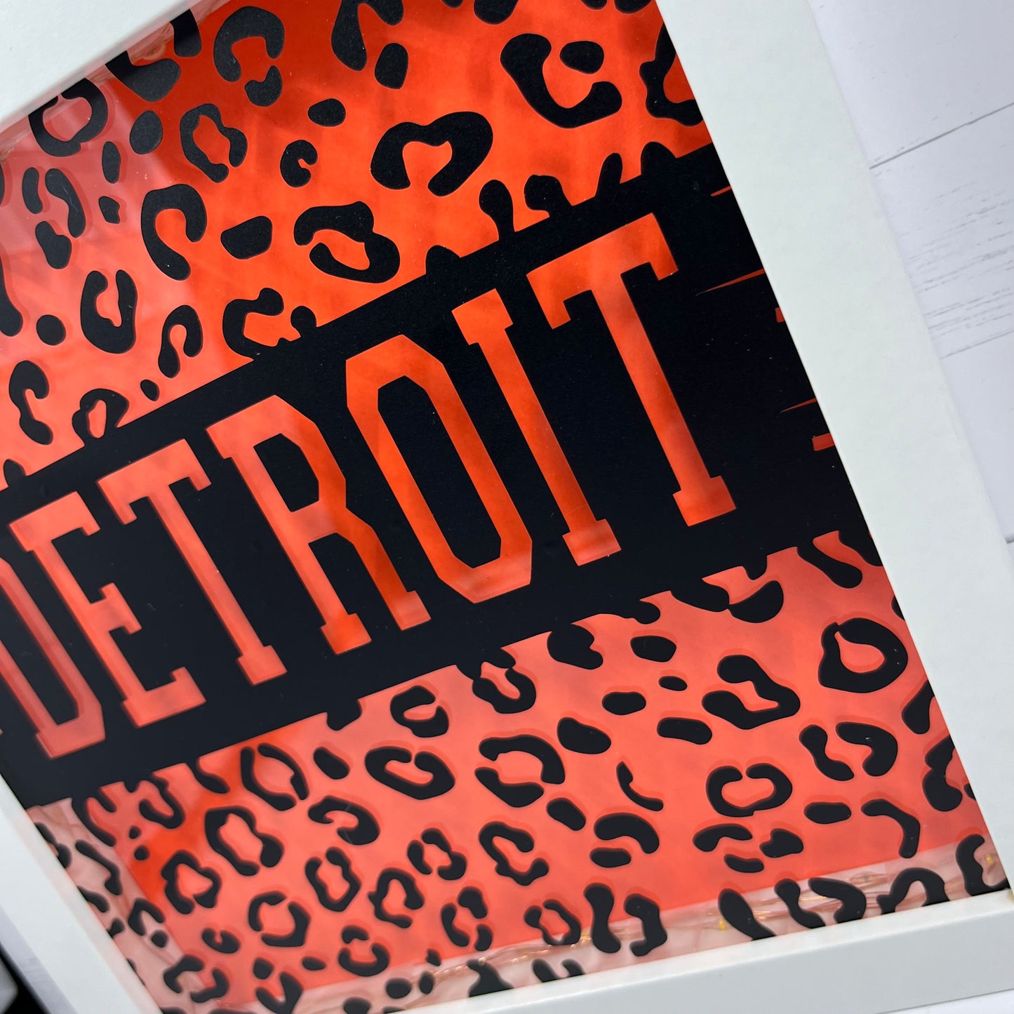 Detroit Pride: 8x8 Shadow Box with Leopard Print and Lights for Your Home