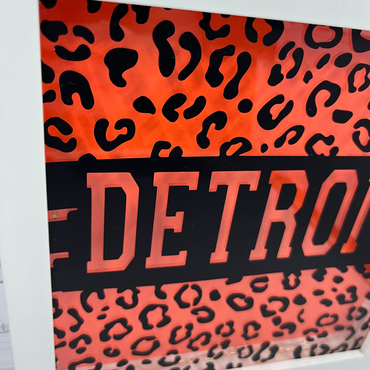 Detroit Pride: 8x8 Shadow Box with Leopard Print and Lights for Your Home