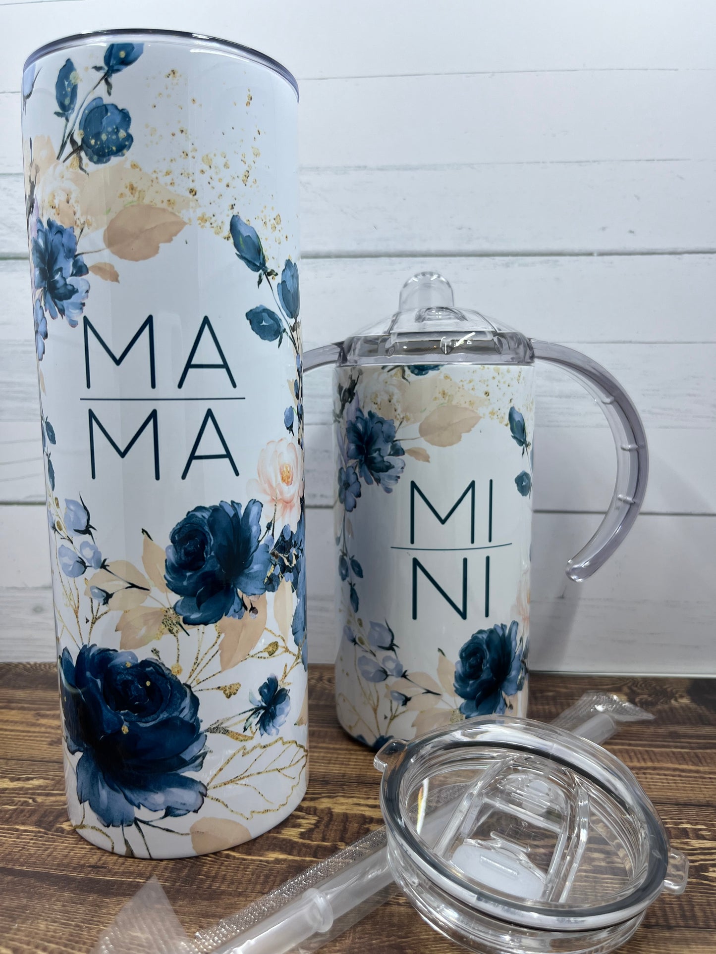 Mini Sippy Cup & Mama Cup Set, 12oz kids sippy cup with lid and straw, 20oz Tumbler for mom, Matching Blue Floral Cups