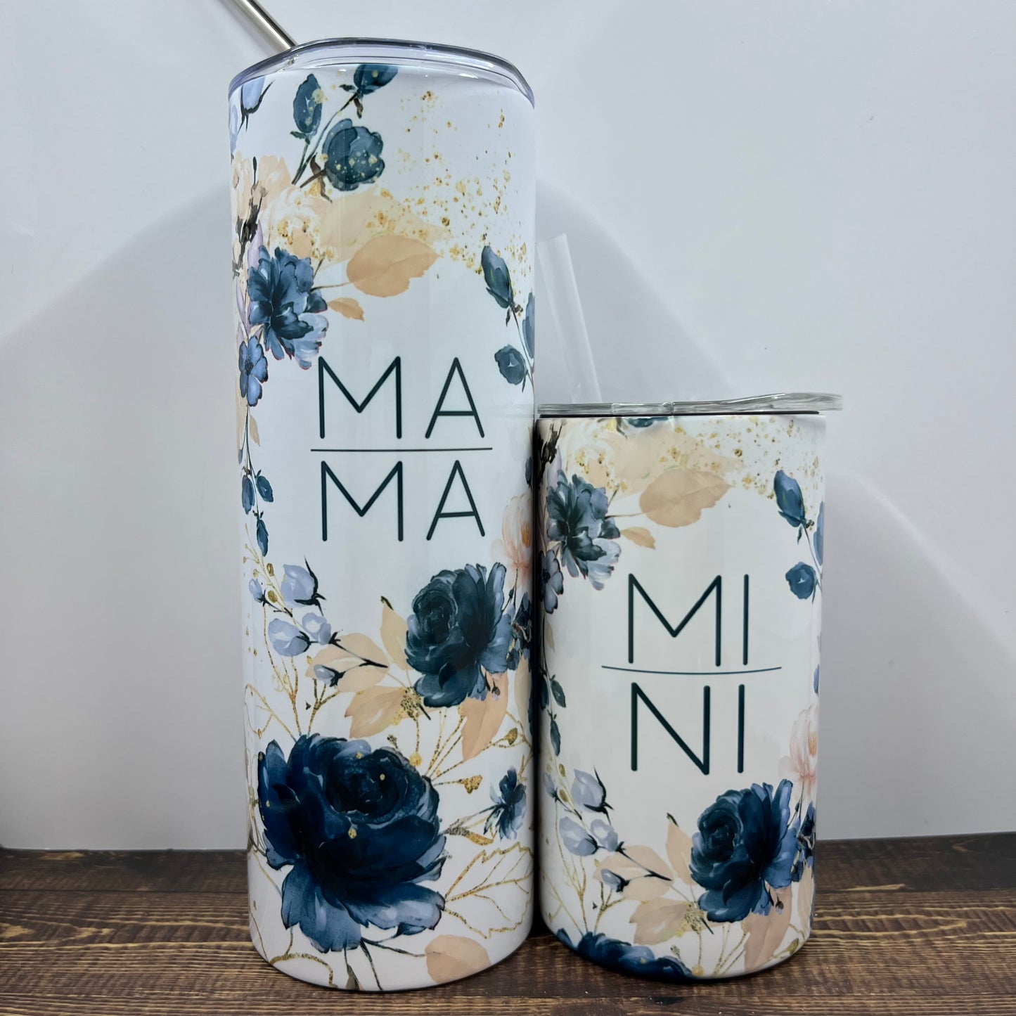 Mini Sippy Cup & Mama Cup Set, 12oz kids sippy cup with lid and straw, 20oz Tumbler for mom, Matching Blue Floral Cups