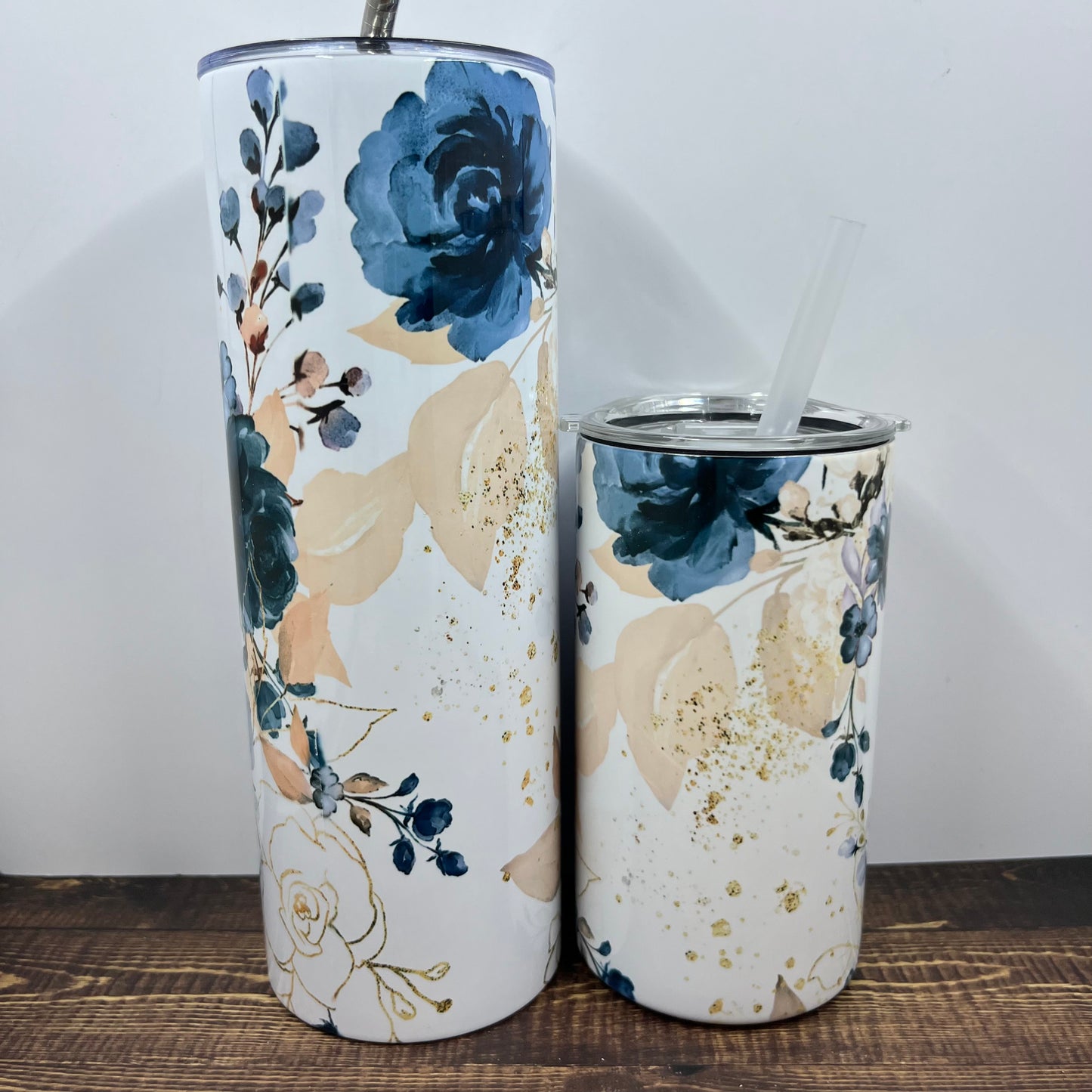 Mini Sippy Cup & Mama Cup Set, 12oz kids sippy cup with lid and straw, 20oz Tumbler for mom, Matching Blue Floral Cups